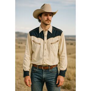 Vintage The J. Peterman Co Ivory Blue Pearl Snap Western Shirt Top  Mens Size XL